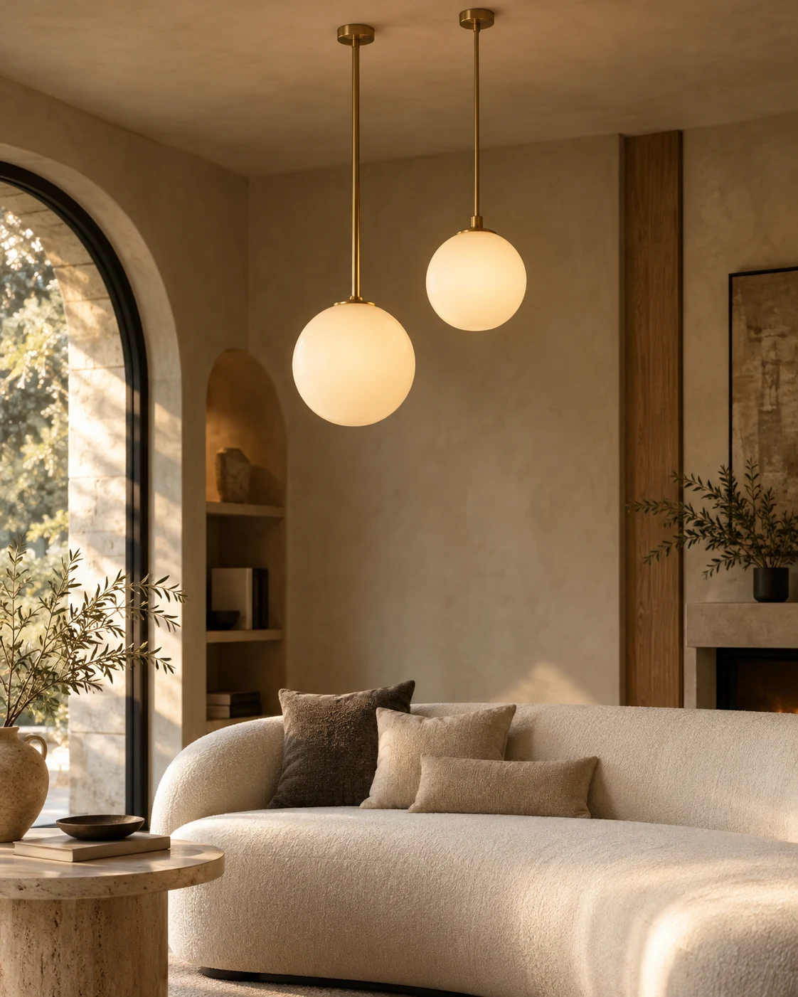 Lighting concept: opal glass globe pendants on brass stems above a sofa in a warm living room