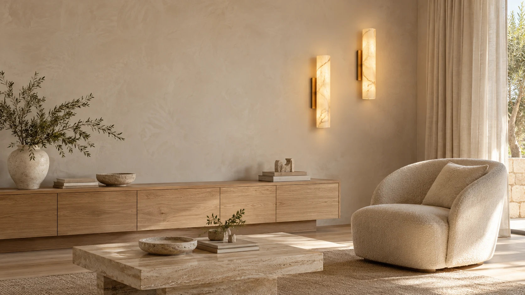 Lighting concept: cylindrical alabaster wall sconces with brass mounts in a living room