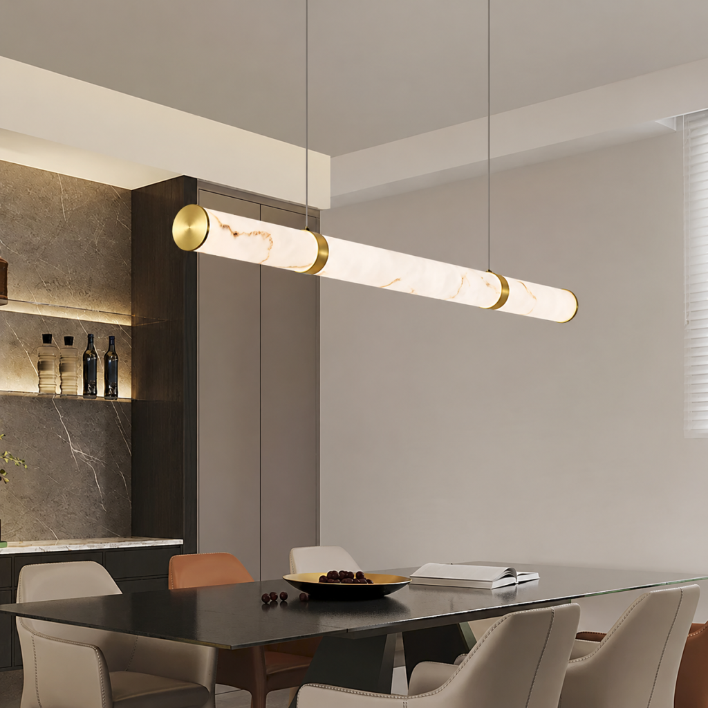 Alabaster & Copper Linear Tube Pendant Light, model HPL-000014