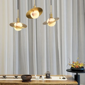 Alabaster & Copper Disc Ring Pendant Light, model HPL-000015