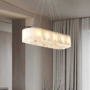 Alabaster & Copper Drum Linear Chandelier, model HPL-000024