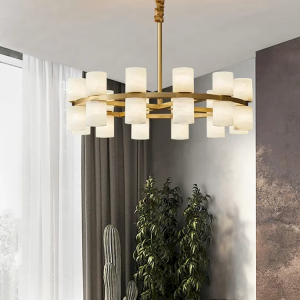 Alabaster & Brass Cylinder Drum Chandelier, model HPL-000040