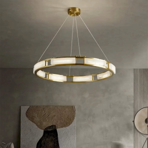 Alabaster & Brass Cage Ring Chandelier, model HPL-000047