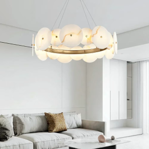 Alabaster & Brass Disc Ring Chandelier, model HPL-000048