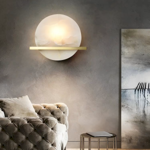 Alabaster & Brass Disc Bar Wall Sconce, model HPL-000061