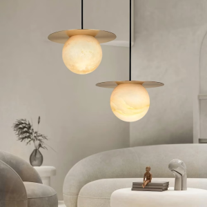 Alabaster & Brass Globe Disc Pendant Light, model HPL-000083