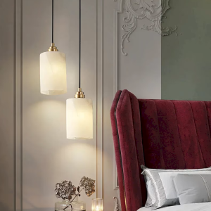 Alabaster & Brass Drum Cylinder Pendant Light, model HPL-000095
