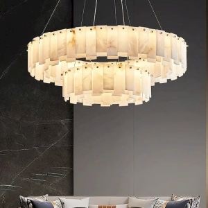 Alabaster & Brass Drum Chandelier, model HPL-000106
