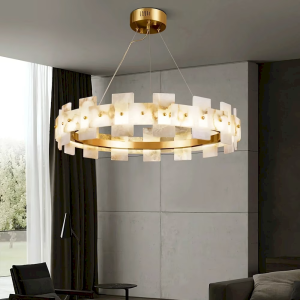 Alabaster & Brass Round Chandelier, model HPL-000110
