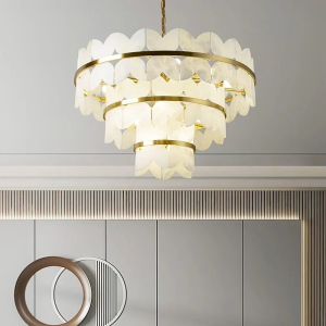 Alabaster & Brass Tiered Ring Chandelier, model HPL-000113