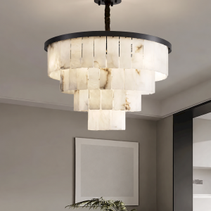 Alabaster & Copper Drum Brick Chandelier, model HPL-000115