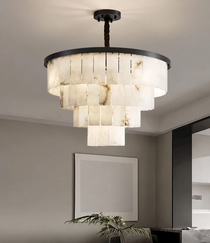 Alabaster & Copper Drum Brick Chandelier, model HPL-000115