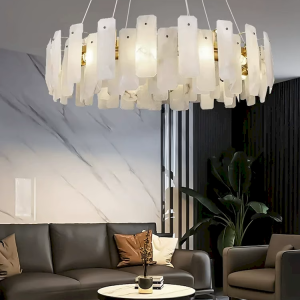 Alabaster & Copper Bar Drum Chandelier, model HPL-000116