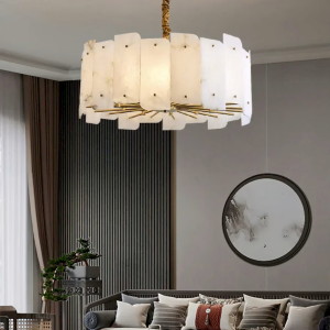 Alabaster & Brass Drum Chandelier, model HPL-000127