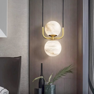 Alabaster & Brass Globe Pendant Light, model HPL-000151