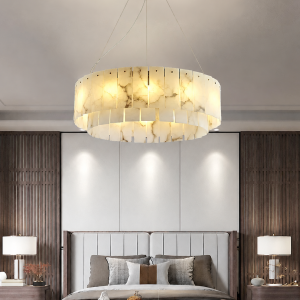 Alabaster & Copper Round Drum Chandelier, model HPL-000163