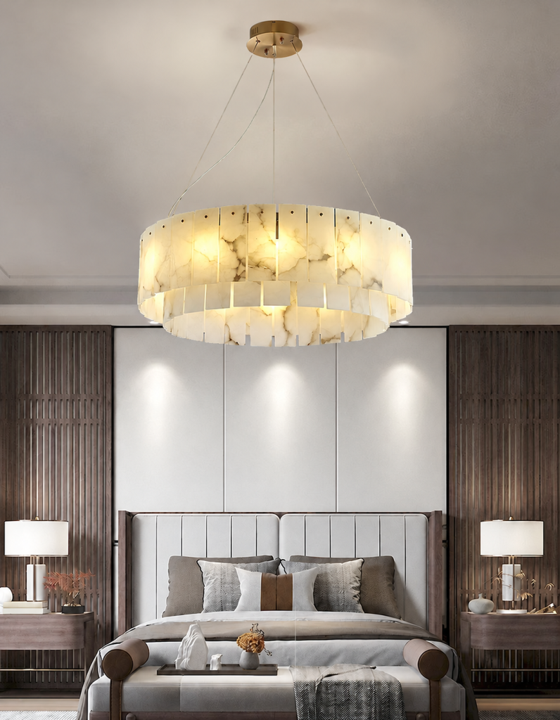 Alabaster & Copper Round Drum Chandelier, model HPL-000163