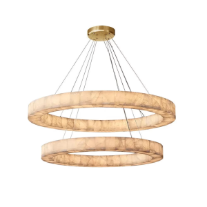 Two-ring alabaster chandelier with a gold frame and canopy