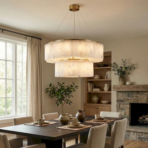Alabaster & Brass Drum Chandelier, model HPL-000165