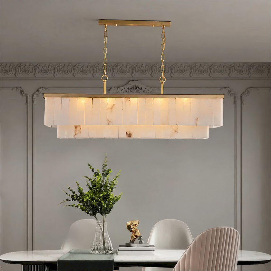 Alabaster & Copper Rectangular Linear Chandelier, model HPL-000167