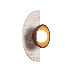 Single travertine half-moon wall sconce with a wood ring and opal glass globe
