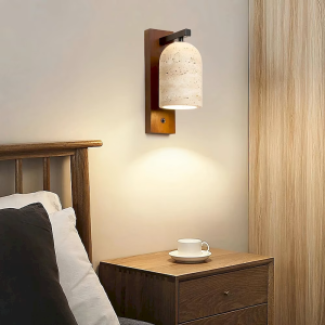 Travertine & Wood Bell Wall Sconce, model HPL-000406