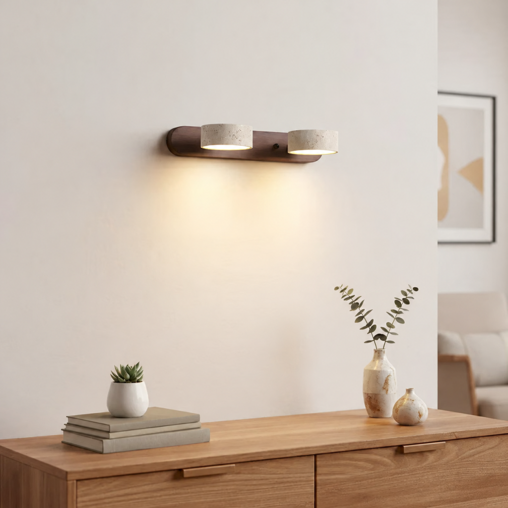 Travertine & Wood Wall Sconce, model HPL-000407