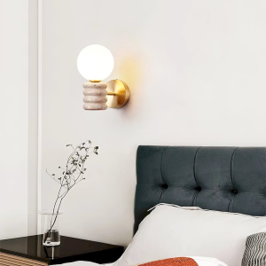 Travertine & Glass Ribbed Globe Wall Sconce, model HPL-000411