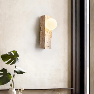 Travertine & Wood Globe Wall Sconce, model HPL-000416