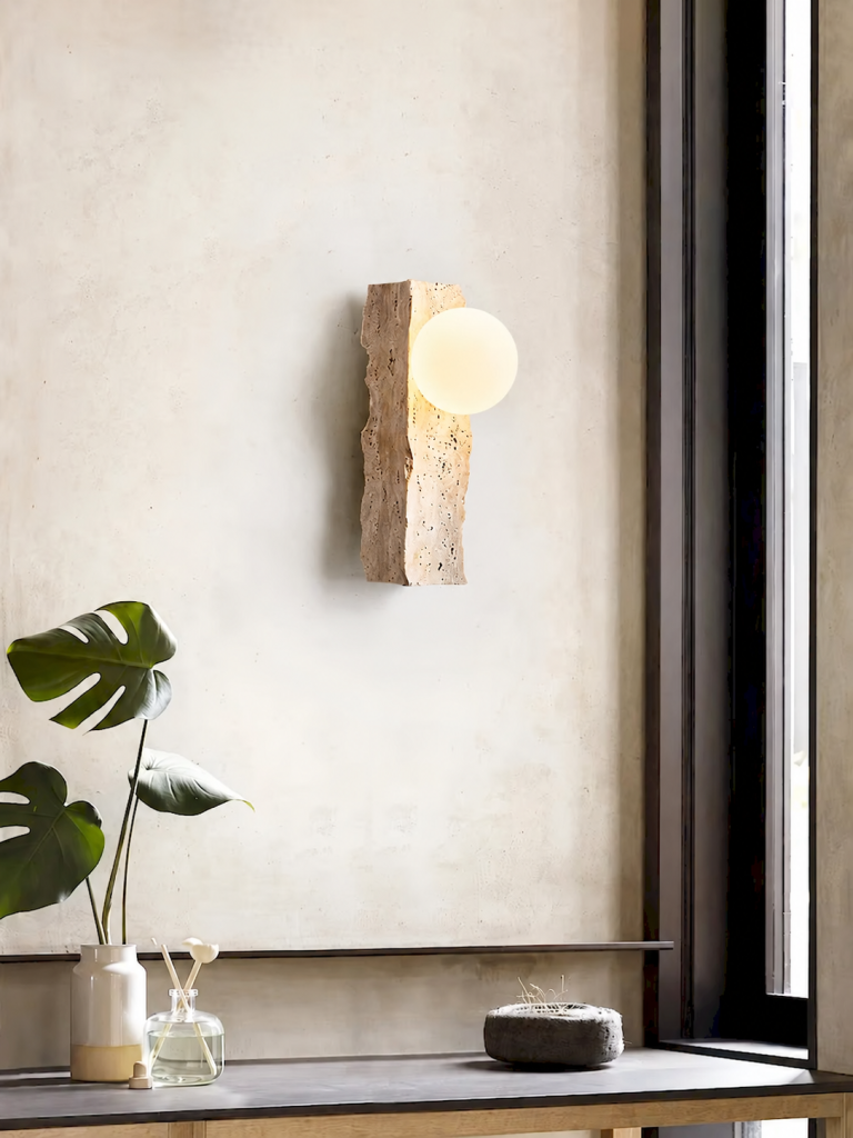 Travertine & Wood Globe Wall Sconce, model HPL-000416