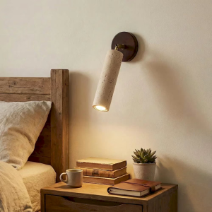 Travertine & Wood Tube Disc Wall Sconce, model HPL-000419