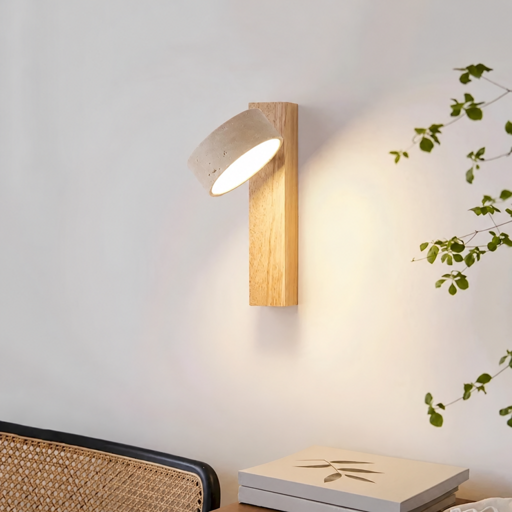 Travertine & Wood Drum Disc Wall Sconce, model HPL-000420