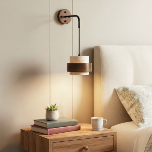 Travertine & Wood Tiered Drum Wall Sconce, model HPL-000421