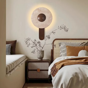 Travertine & Wood Disc Wall Sconce, model HPL-000423