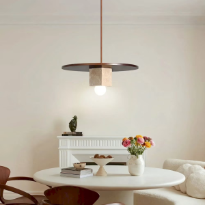 Travertine & Wood Disc Cube Pendant Light, model HPL-000425