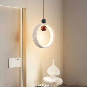 Travertine & Wood Ring Pendant Light, model HPL-000427