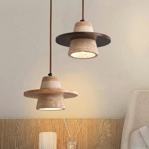 Travertine & Wood Pendant Light, model HPL-000431
