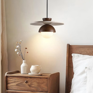 Travertine & Wood Saucer Disc Pendant Light, model HPL-000432