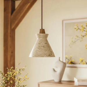 Travertine & Wood Cone Pendant Light, model HPL-000436