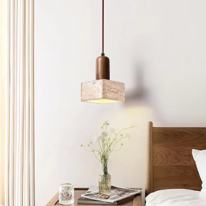 Travertine & Wood Cube Pendant Light, model HPL-000437