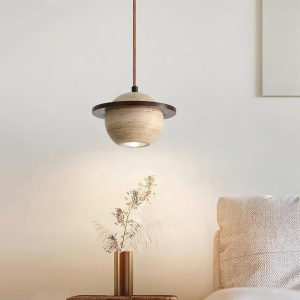 Travertine & Wood Globe Ring Pendant Light, model HPL-000438