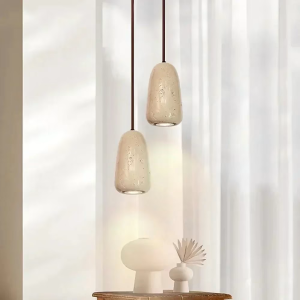 Travertine & Wood Pendant Light, model HPL-000439