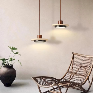 Travertine & Wood Disc Pendant Light, model HPL-000443