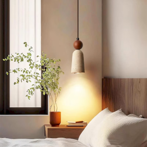 Travertine & Wood Pendant Light, model HPL-000444