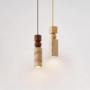 Travertine & Wood Pendant Light, model HPL-000446