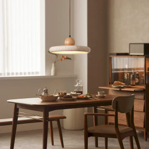 Travertine & Wood Disc Pendant Light, model HPL-000449