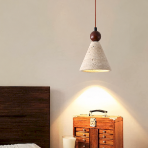 Travertine & Wood Cone Pendant Light, model HPL-000451