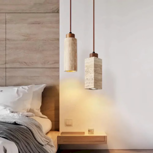 Travertine & Wood Cylinder Pendant Light, model HPL-000452