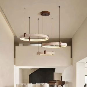 Travertine & Wood Ring Chandelier, model HPL-000455