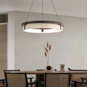 Travertine & Wood Ring Chandelier, model HPL-000456